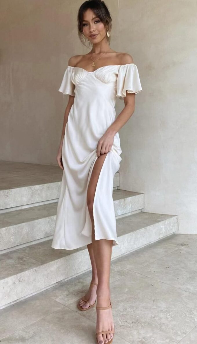 2025 Summer Women's Satin Off Shoulder Formal Dress Wedding Guest Elegant Butterfly Sleeve Split Cocktail Prom Midi Dresses – Bild 5