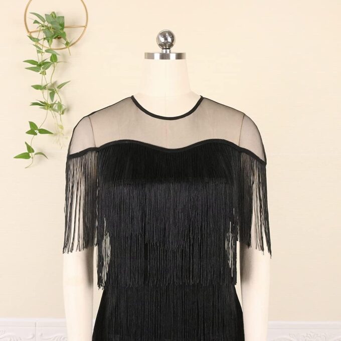 AOMEI Women's Mesh See Through Crewneck Patchwork Tassel Tiered Fringe Long Dress – Bild 5