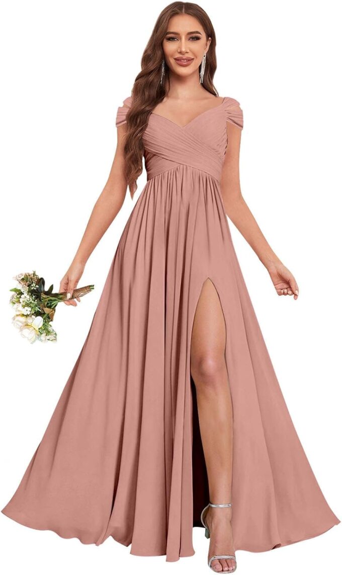 Off The Shoulder Bridesmaid Dresses with Slit Pockets Long Pleated Chiffon Formal Evening Dress for Women