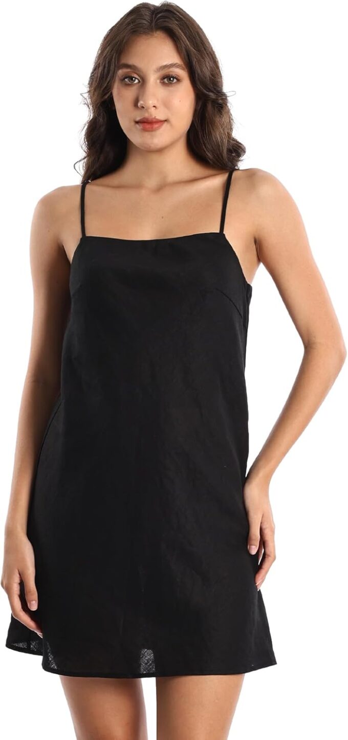Women's Pure Linen Summer Sleeveless Spaghetti Strap Mini Dress with Lining