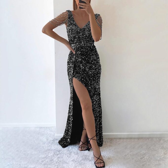 Cololura Women Sexy Elegant Sequin V Neck Tassel Mermaid Bodycon Formal Party Gowns Evening Maxi Dress – Bild 3