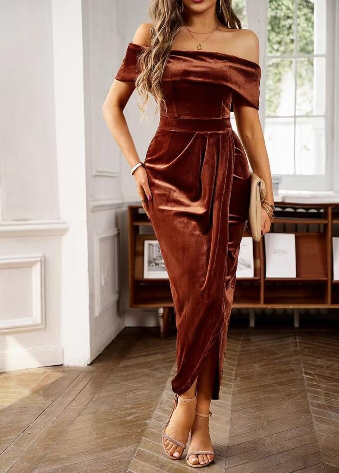 Off The Shoulder Vintage Velvet Bodycon Midi Dress for Women Wrap Slit Elegant Cocktail Party Evening Pencil Dress – Bild 2