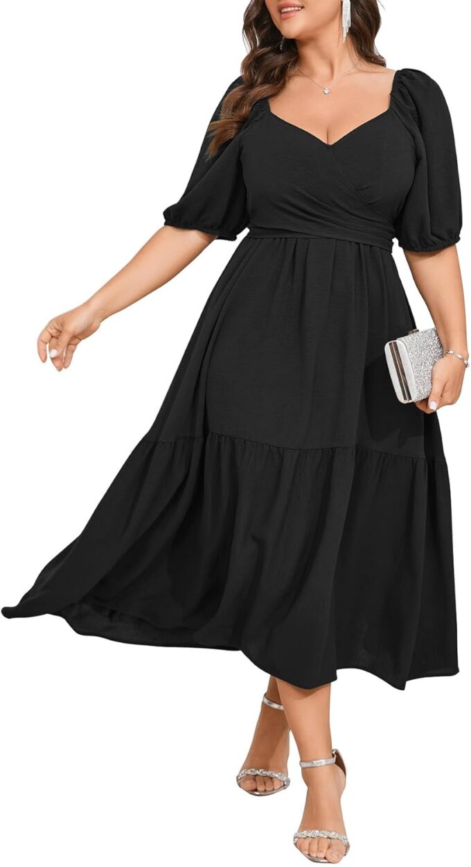Plus Size Wedding Guest Dress Wrap V Neck Short Sleeve Elastic Waist Flowy A Line Cocktail Formal Maxi Dresses