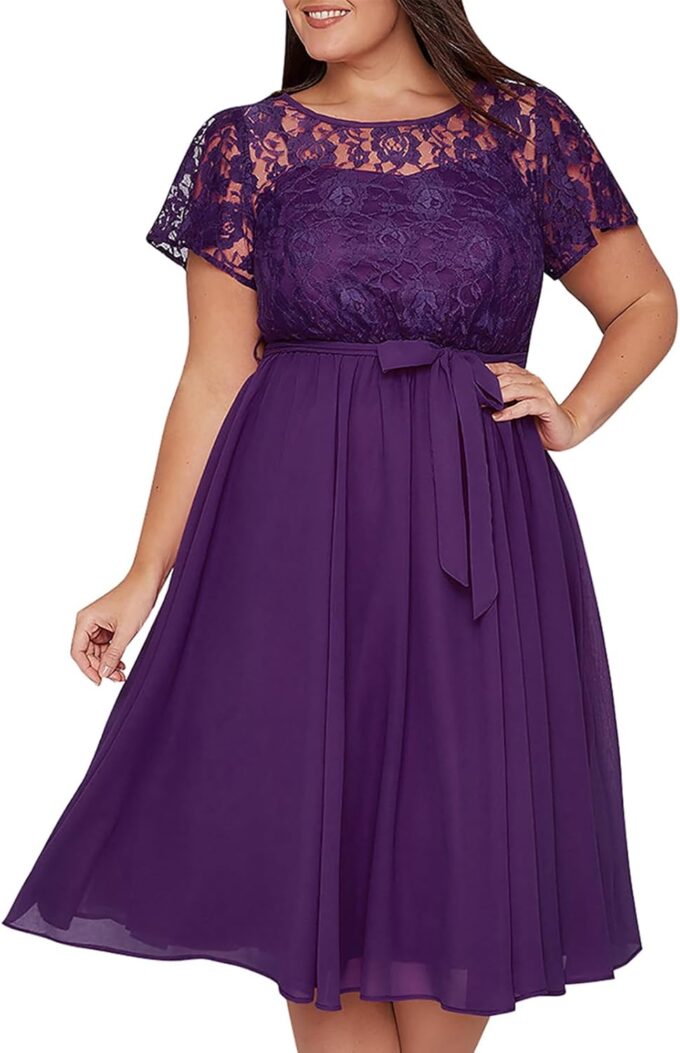 Nemidor Women's Scooped Neckline Floral lace Top Plus Size Cocktail Party Midi Dress