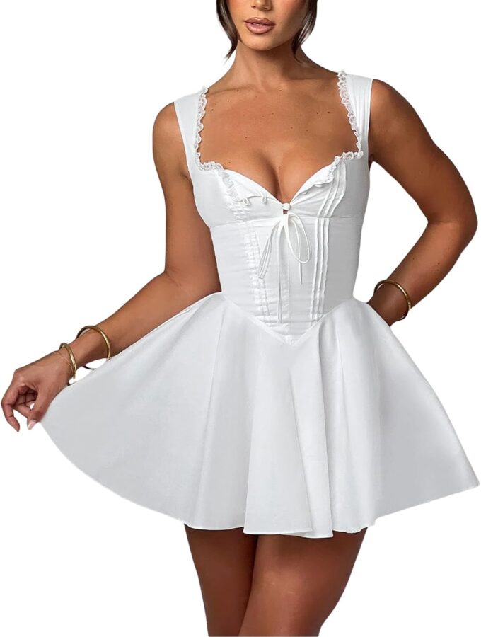 Women's Y2k Mini Corset Dress Deep V Neck Sleeveless Backless Ruffle Hem Dress Lace Trim A-Line Beach Sundress