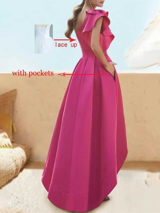 Modest Long Flowy Homecoming Dresses for Teens Fall High Low A Line One Shoulder Ruffle Satin Cocktail Dress – Bild 2