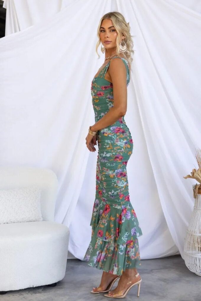 Women's Floral Sexy Sleeveless Bodycon Corset Ruched Fishtail Maxi Dress Backless Slip Long Dresses – Bild 5
