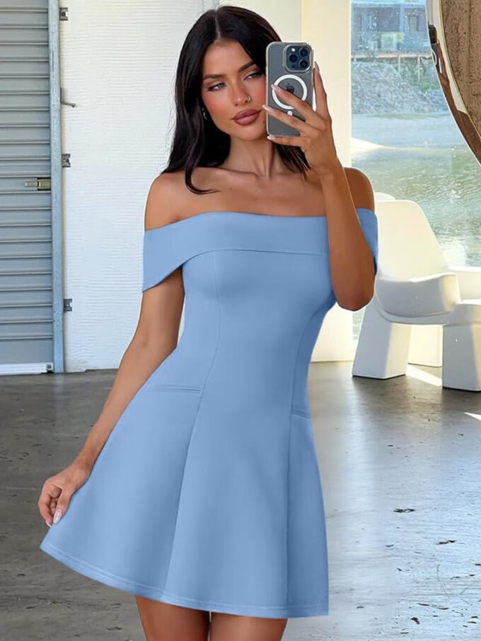XXTAXN Women's Summer Sexy Off Shoulder Formal Wedding Guest A-Line Back Zipper Mini Dress with Pockets – Bild 3