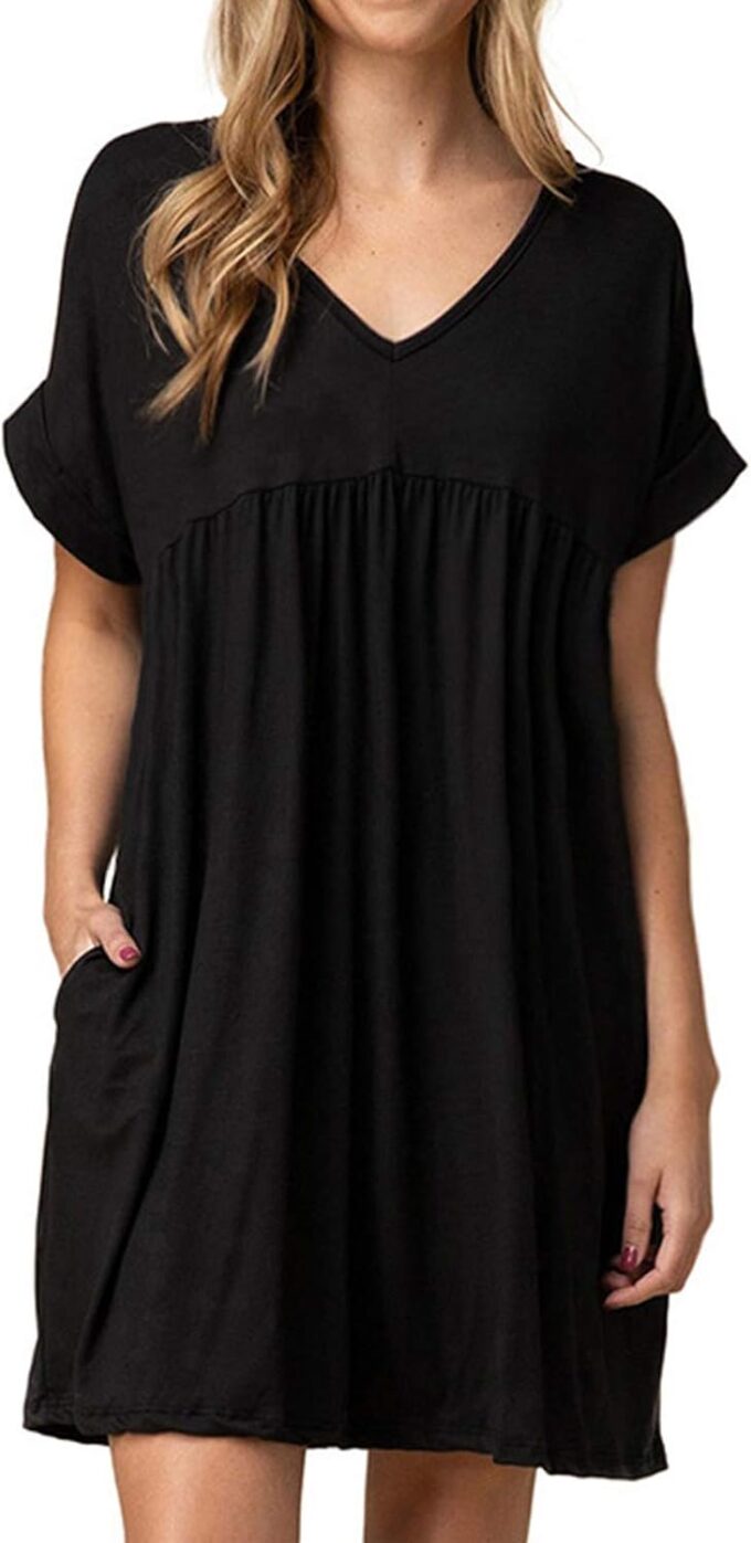 Jayscreate Women's Baby Doll Dress Summer Casual Tunic Pleated Flowy Swing Short Sleeve Black V Neck Mini Dress
