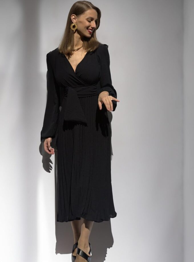 Sicilica Damen Kleider V Ausschnitt Wrap für Hochzeitsgast Casual Langes Kleid Plissee Langarm Midikleid Rüschen Gesmoktes Kleid – Bild 4
