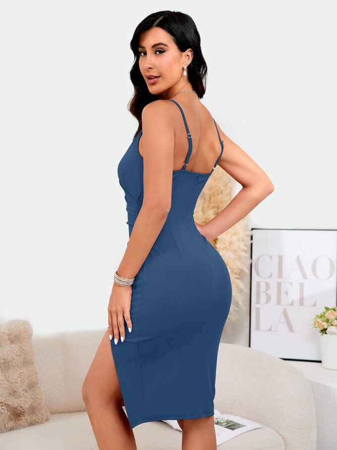 WAYMAKER Women's Sexy V Neck Spaghetti Strap Sleeveless Wrap Ruched Side Slit Bodycon Cocktail Party Wedding Guest Dress – Bild 3