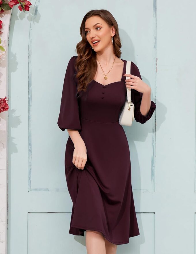 Meetjen Women's Vintage Cocktail Dress 3/4 Sleeves A-Line Sweetheart Church Tea Party Midi Dresses for Wedding Guest – Bild 3