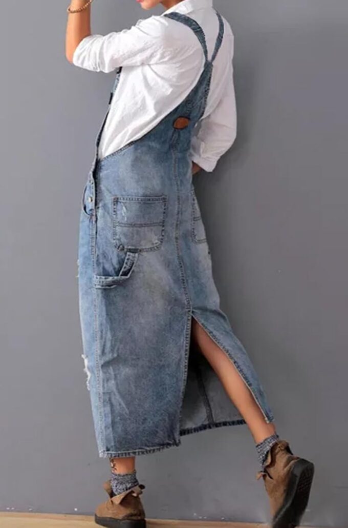 loveimgs Women Distressed Denim Overall Dress Bib Long Jean Jumper Ripped Adjustable Straps Patchwork Pinafore Dress – Bild 3