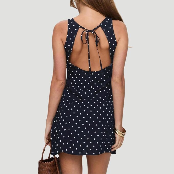 Women Backless Tie Up Polka Dot Print Mini Dress Girls Cute Sleeveless Round Neck Open Back A-Line Short Dress – Bild 3