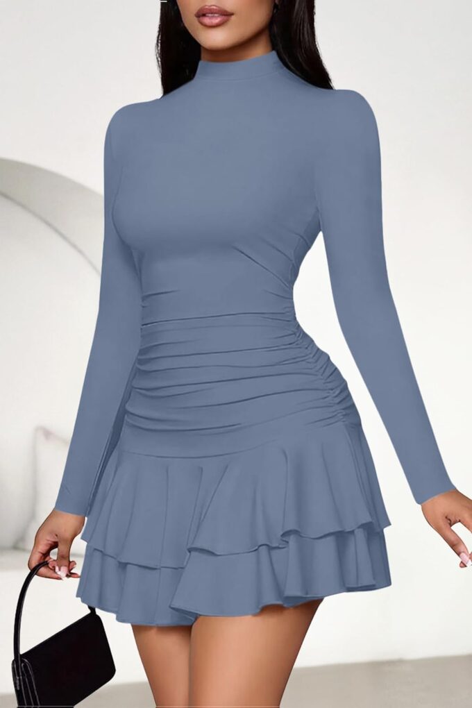 PRETTYGARDEN Women's Fall Long Sleeve Dresses 2025 Mock Neck Ruched Y2K Clothes Ruffle Layered Bodycon Mini Party Dress – Bild 8