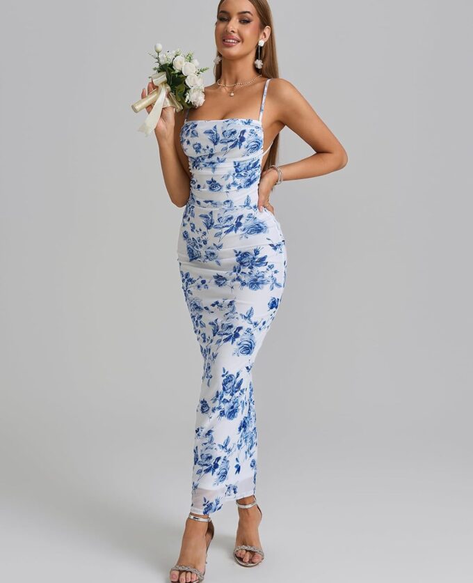 Women's Summer Mesh Floral Maxi Dress Sleeveless Spaghetti Strap Ruched Bodycon Formal Party Fitted Long Dresses – Bild 4
