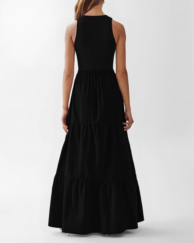 BTFBM Women Sleeveless Summer Dresses Wedding Guest Maxi Dresses Ribbed Knit Tops and Polyester Skirt with Pockets – Bild 3