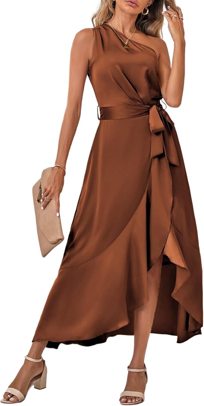 Vrtige Women's Satin One Shoulder Tie Waist Sleeveless Wrap Ruffle Hem Cocktail Midi Dress