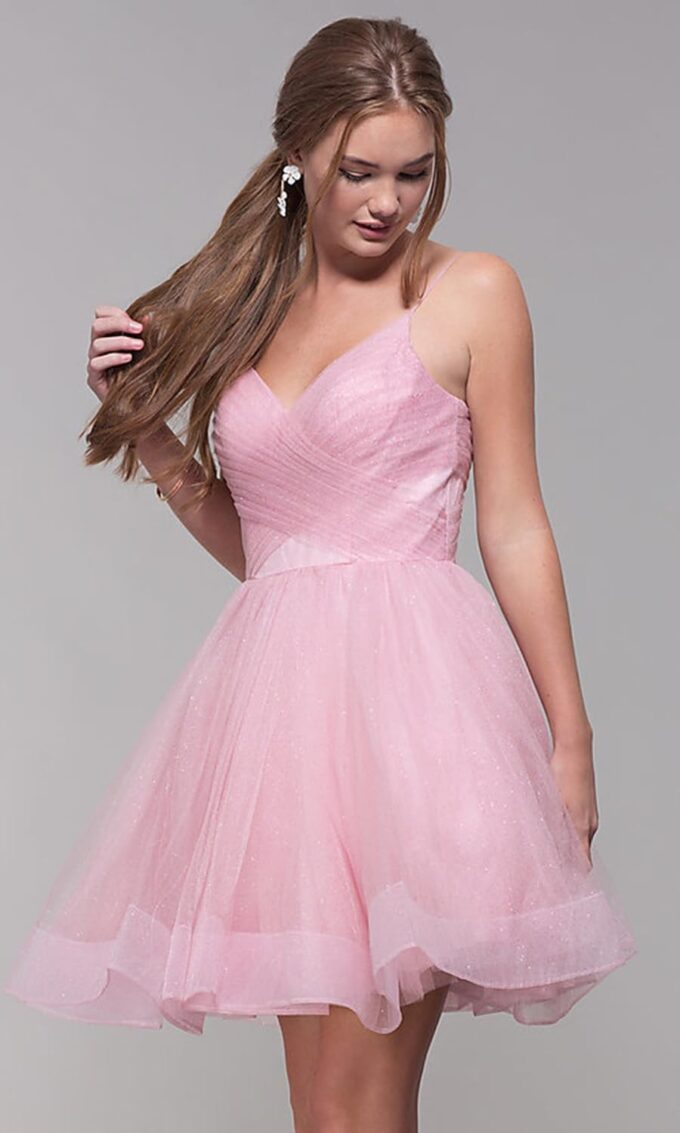 Short V-Neck Tulle Homecoming Dresses Sparkly for Teens Spaghetti Straps Cocktail Dresses WD039 – Bild 2