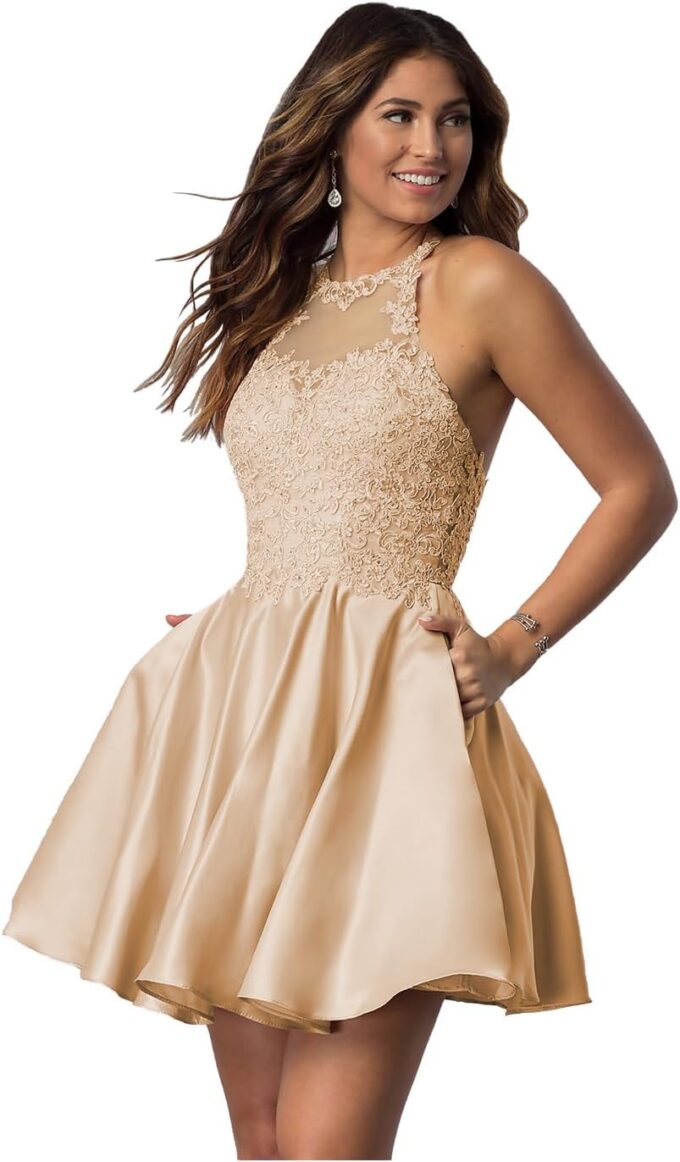 Satin Lace-Applique Homecoming Dresses Short with Pockets Halter Cocktail Dresses for Teens WD029