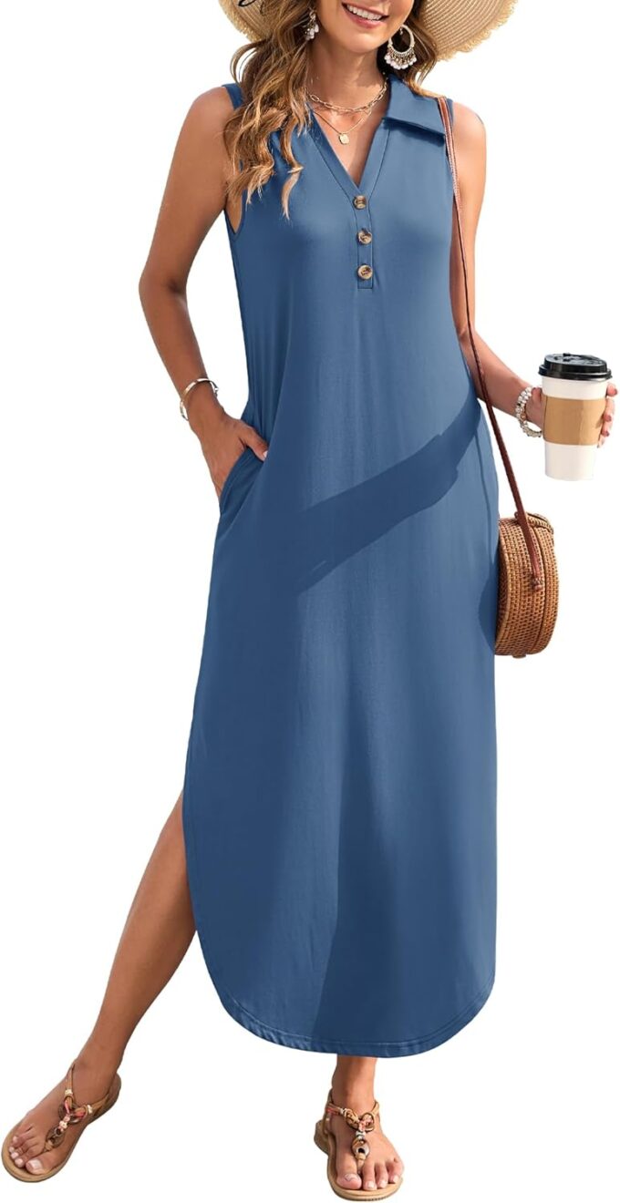 MOLERANI Women's Casual V Neck Maxi Dress Summer Long Sleeveless Sundress with Button 2025 Loose Fit Pockets