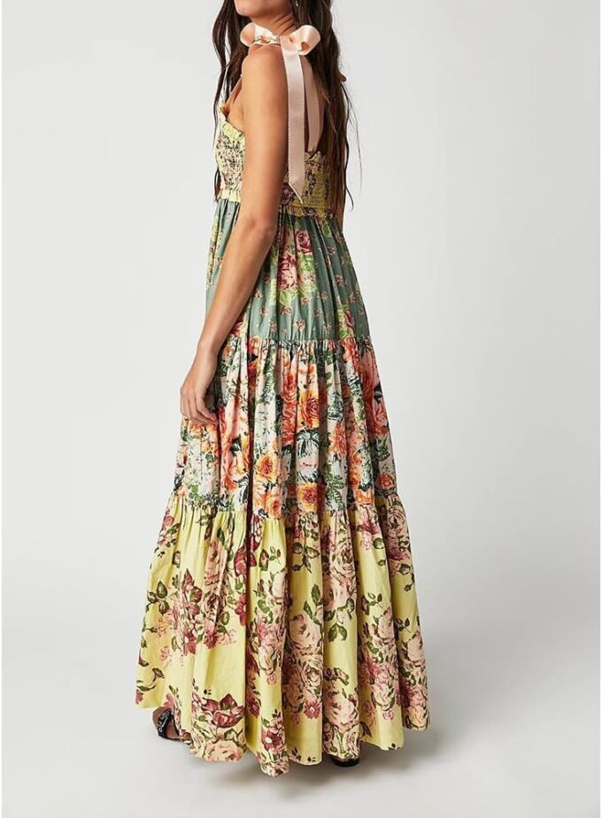 Women Floral Maxi Dress Sleeveless Tie Shoulder Bohemian Flowy Smocked Casual Dresses Summer Sundress with Pockets – Bild 2