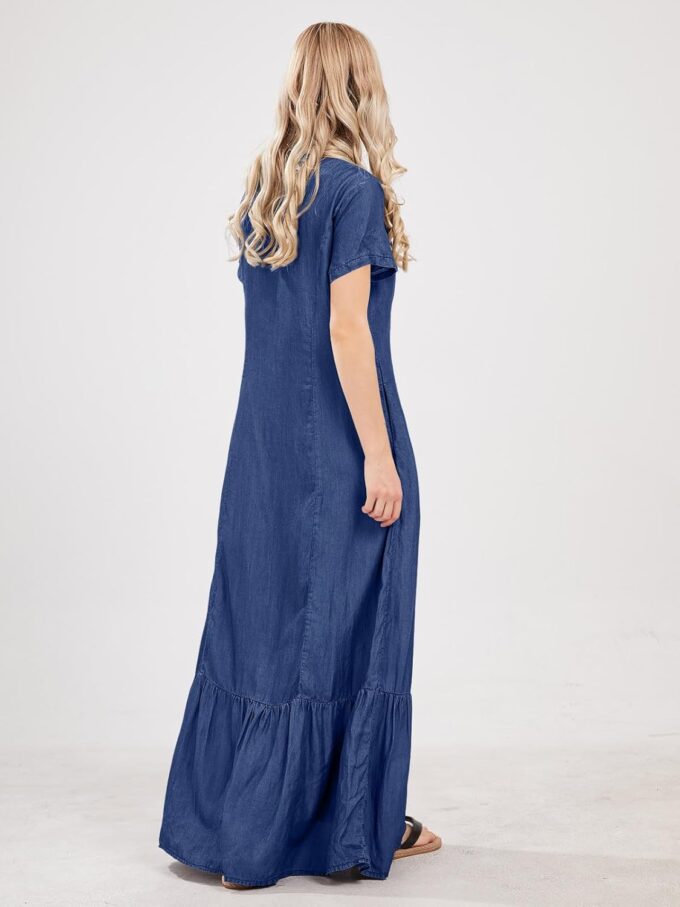 utcoco Womens Short Sleeve Denim Maxi Dress Casual Loose Fit Button Down Long Jean Dresses – Bild 6