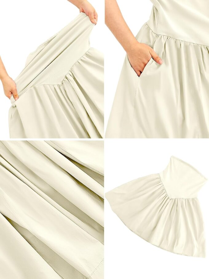 Summer Solid Strapless Mini Dress for Women Tube Top Dresses Patchwork Pleated Drop Waist Flared Beach Dress – Bild 5