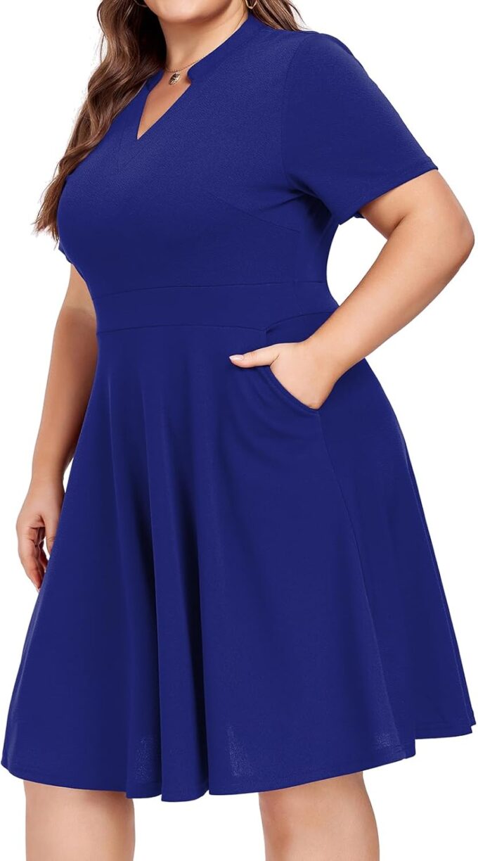 Mokayee Womens Plus Size Dresses Summer V Neck Casual Semi Formal Knee Length Church Wedding Guest Dresses with Pocktes – Bild 3