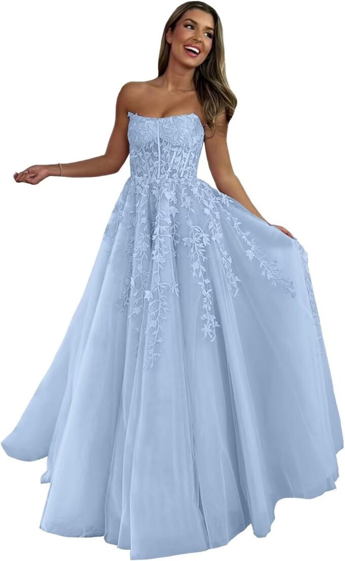 Lace Tulle Prom Dresses for Women 2025 Corset Strapless Formal Dresses Evening Long Ball Gown
