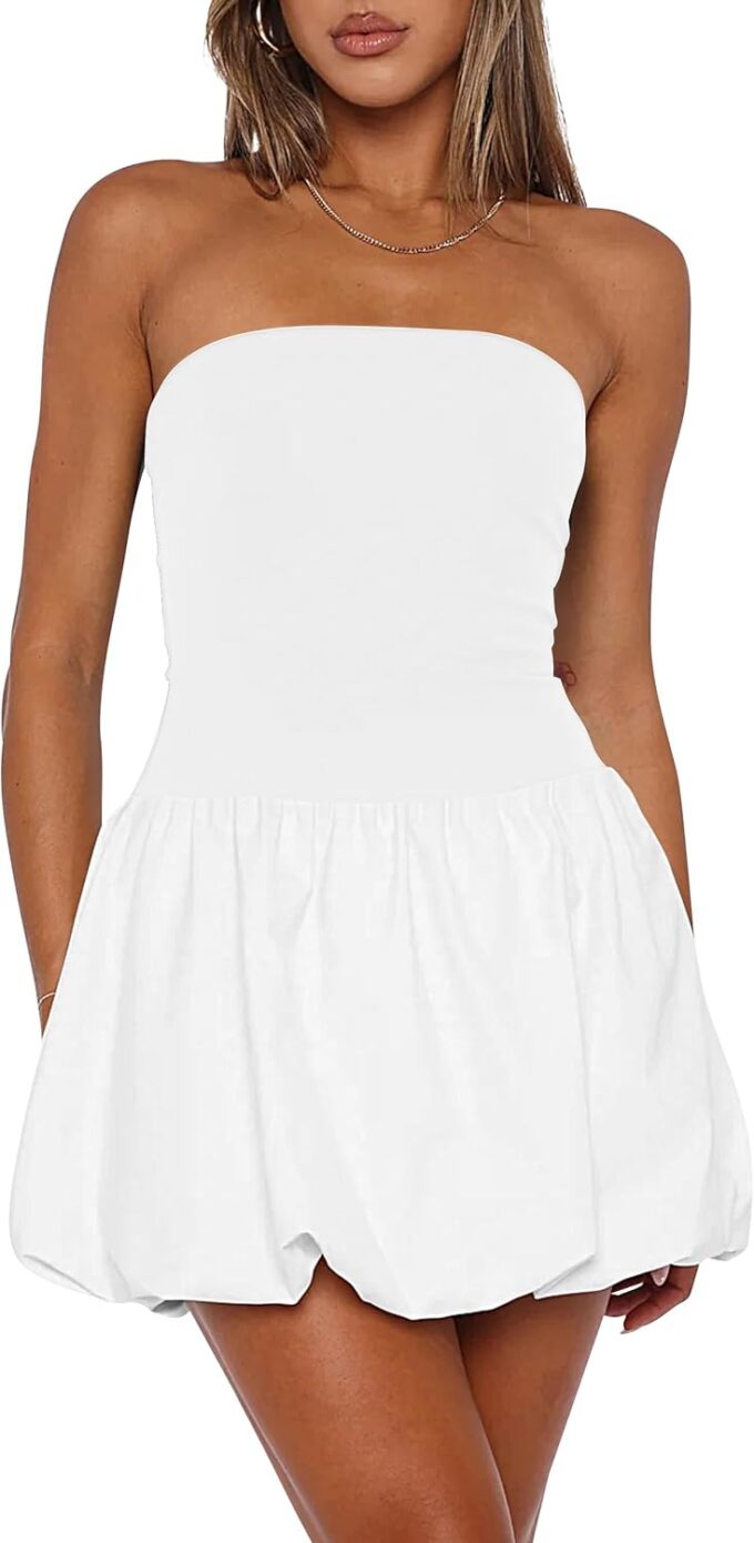 Women Strapless Tube Top Dress Y2k Puff Bubble Mini Dresses Bandeau Corset Short Party Outfit