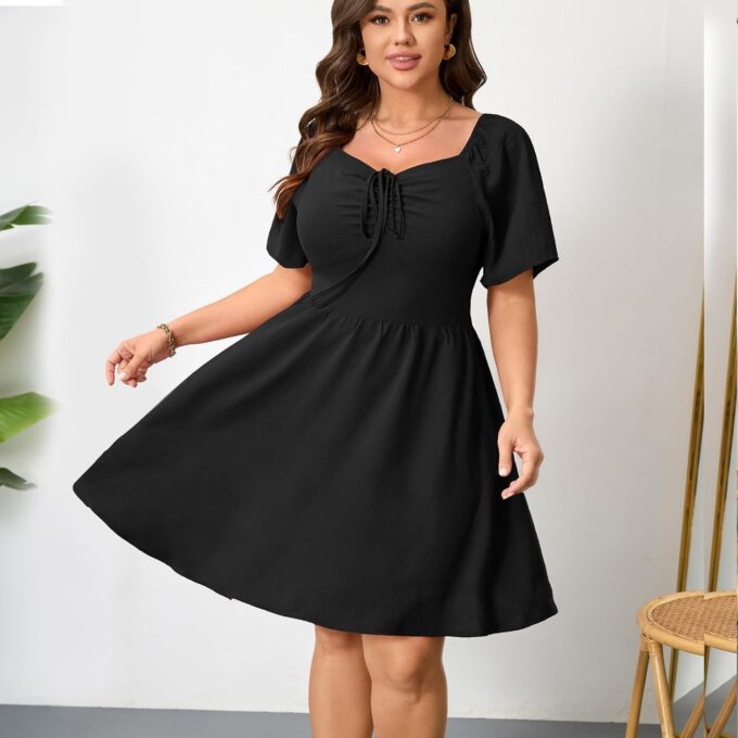 RWJ Women Plus Size Summer Dress Short Sleeve Tie Front Sweetheart Neck Wrap A-Line Casual Mini Wedding Guest Dresses 2025 – Bild 2