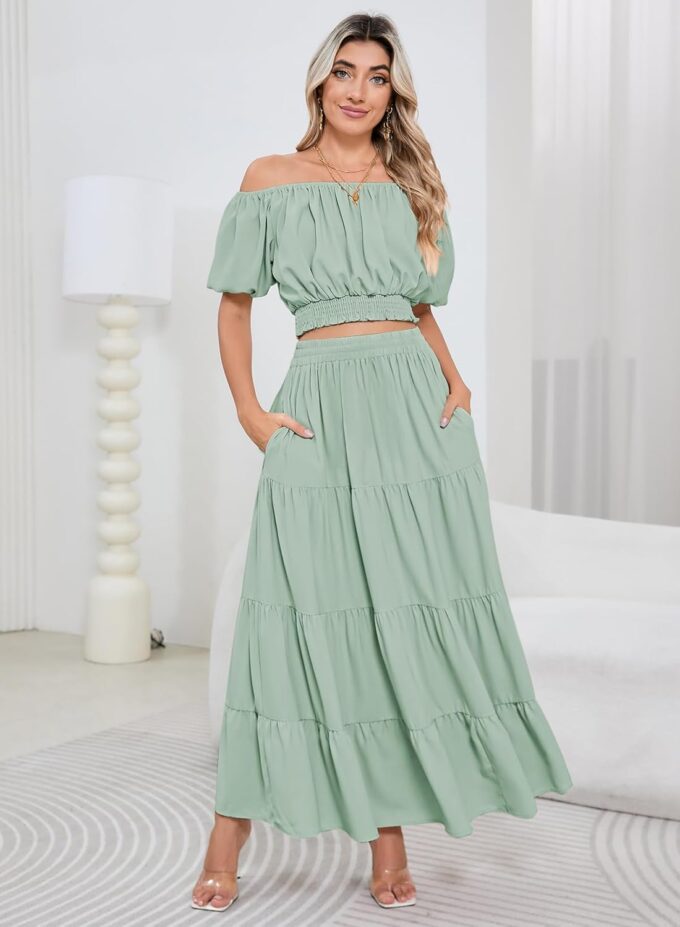 HUUSA 2025 Summer 2 Piece Boho Outfits for Women Short Sleeve Off Shoulder Crop Top and High Waist Flowy Long Skirt Set – Bild 2