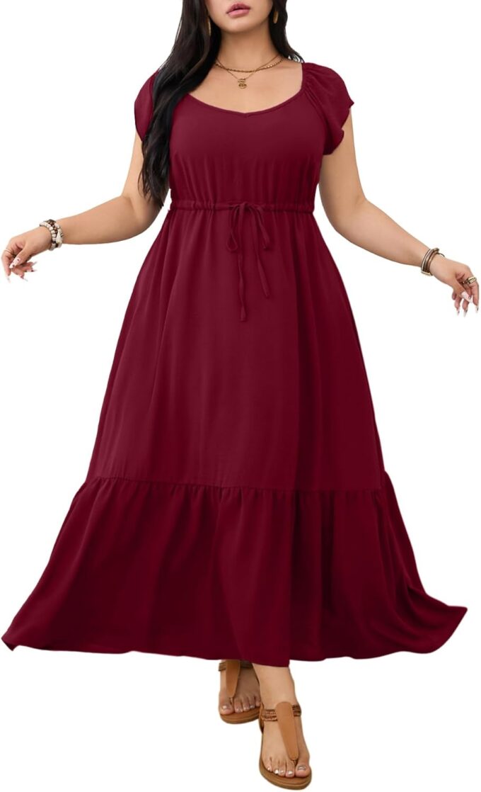 RWJ Women's Plus Size Dress Summer Short Sleeve Empire Waist Drawstring Tiered Flowy Maxi Dress