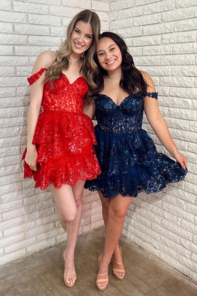 Sparkly Sequin Homecoming Dresses for Teens Off Shoulder Short Prom Dress 2025 Tiered Lace Cocktail Party Gown – Bild 5