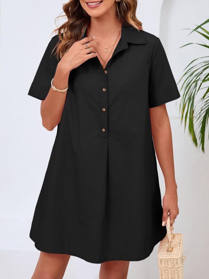 Wenrine Womens Button Down Shirt Dress Oversized Casual Short Sleeve Collared V Neck Summer Mini Dresses – Bild 3