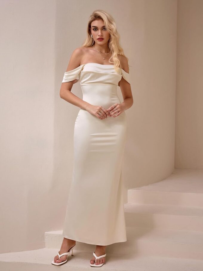 KUTUMAI Women Off Shoulder Satin Maxi Dress Elegant Ruched Bodycon Long Cocktail Formal Wedding Guest Dresses – Bild 5