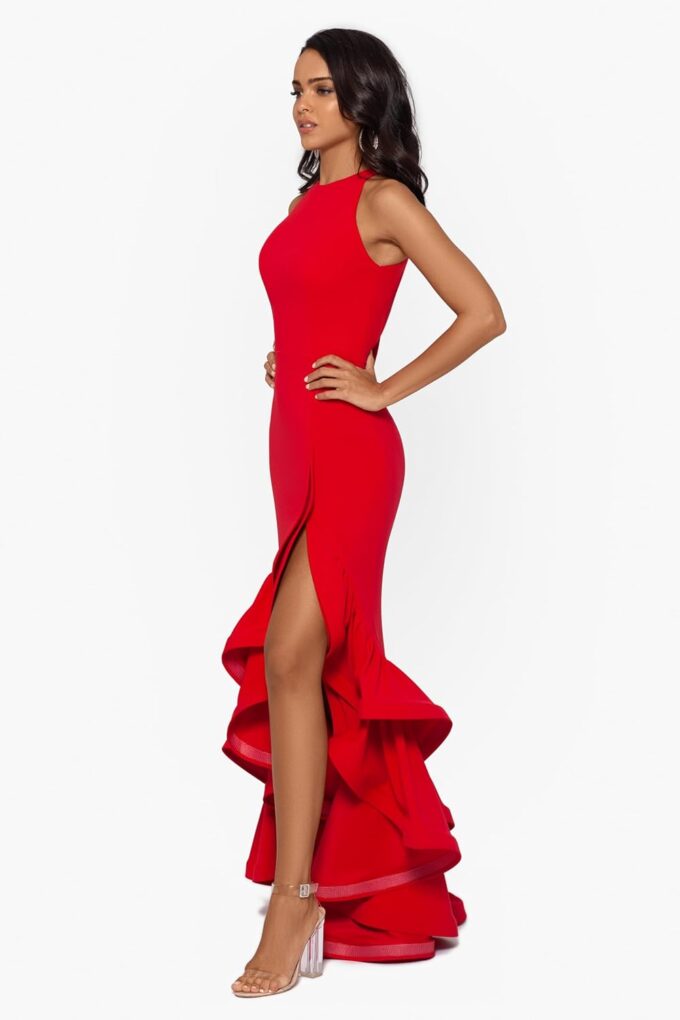 Betsy & Adam Women's Long Halter Crepe Tiered Ruffle Gown – Bild 2