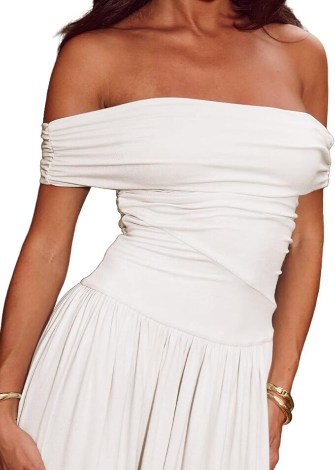 Women's Off The Shoulder Maxi Dress Bodycon Ruched Flowy Long Dresses Pleated Summer Dress – Bild 4