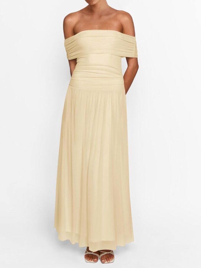 MASCOMODA Women Off The Shoulder Mesh Maxi Dress Bodycon Ruched Formal Sleeveless Pleated Cocktail Wedding Guest Long Dresses(Light Apricot,Medium) – Bild 2