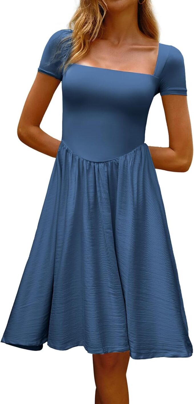 CHYRII Women Fashion Summer 2025 Square Neck Short Sleeve A-Line Midi Dress Long Sundress – Bild 2