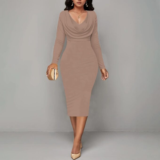 SUZONANA Damen Midi-Kleid, Kirchenkleid, langärmelig, figurbetont, Wasserfallkragen, Bleistiftkleid – Bild 4