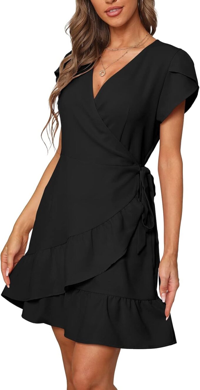 SAMPEEL Summer V Neck Wrap Petal Sleeve Short Dress with Belt for Women – Bild 2
