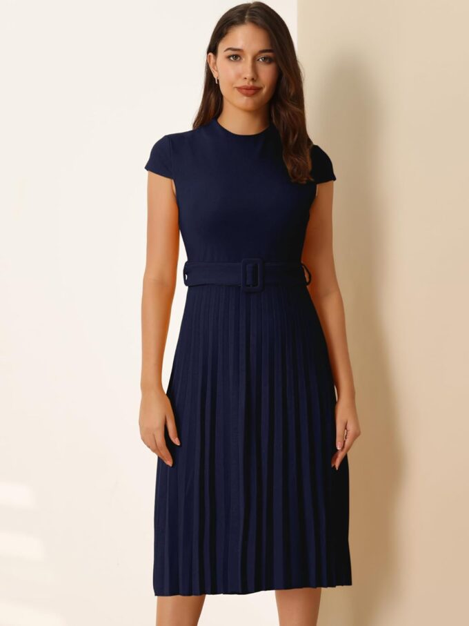 Women's Pleated Dress Mock Neck Cap Sleeve Belted A-Line Dresses – Bild 2