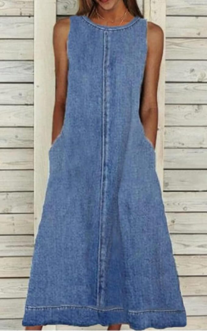 Womens Casual Sleeveless Maxi Denim Dress Crewneck Vintage Loose Long Vest Jean Dress with Pockets – Bild 3