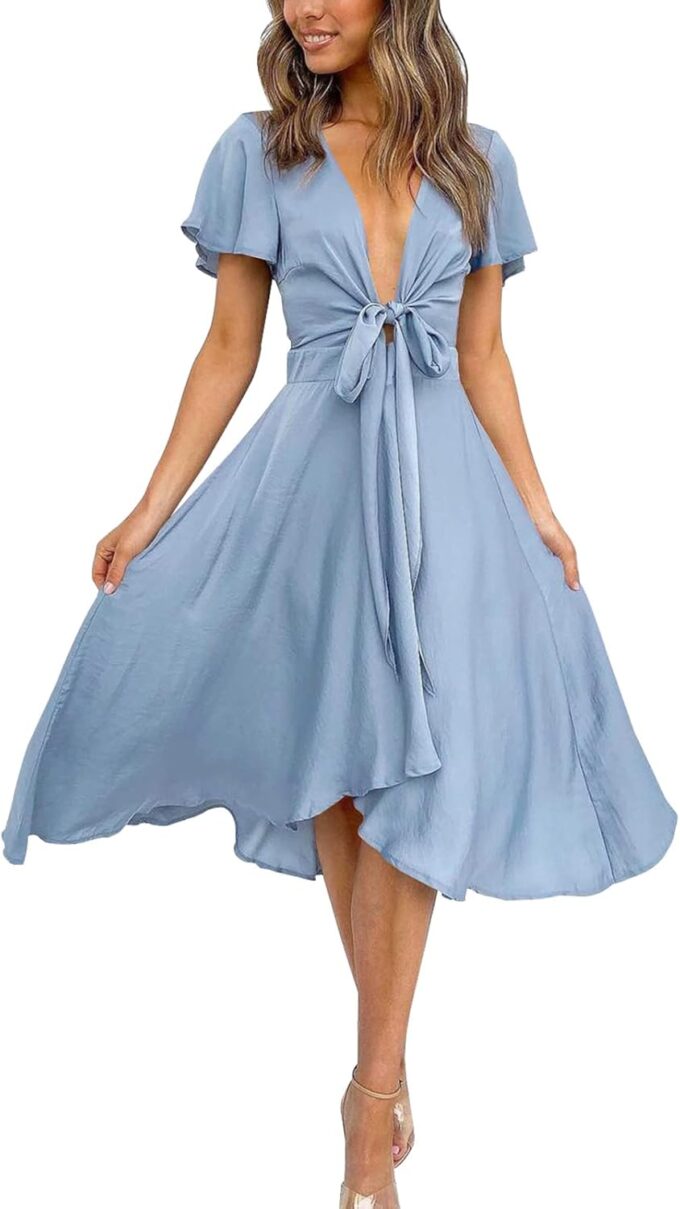 miduo Womens Satin V Neck Ruffle Short Sleeve Tie Front High Waist Midi A-Line Maxi Dresses