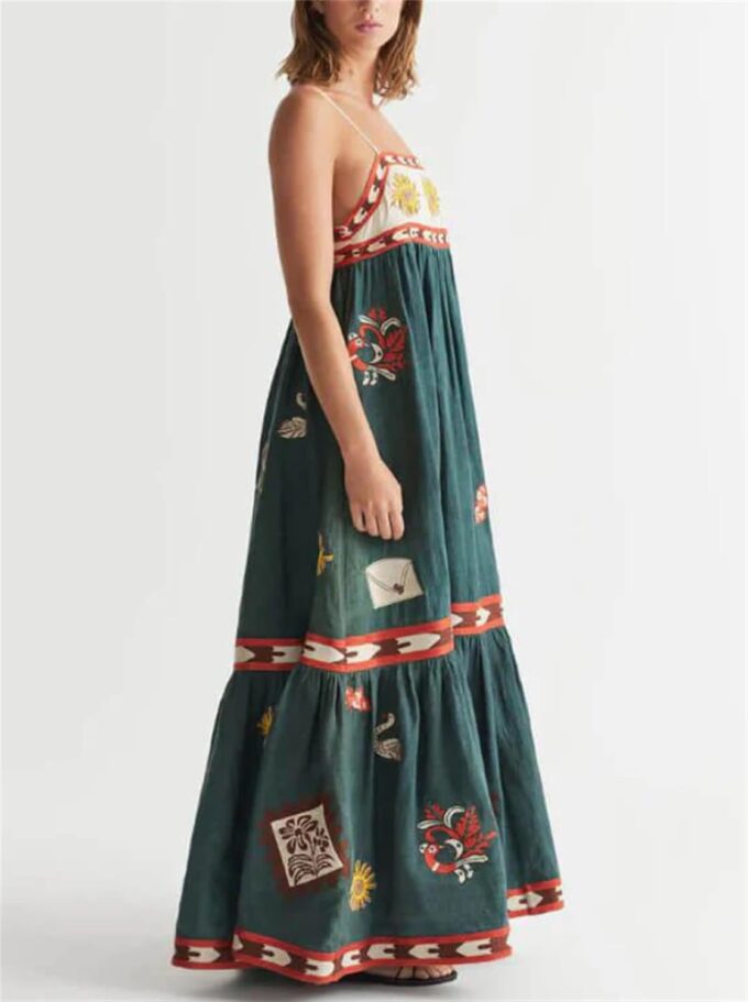 Thopavenoir Boho Floral Print Midi Dress for Women Long Sleeve V Neck Tiered Long Dresses Smocked Beach Bohemian Sundress – Bild 3