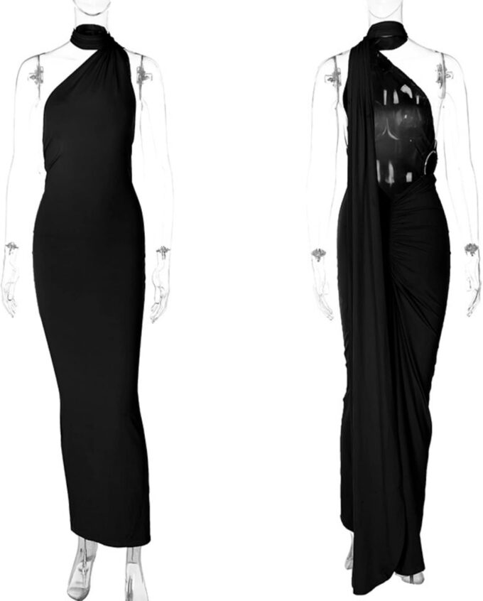 Women's Sexy One Shoulder Backless Maxi Dress Elegant Ruched O Ring Sleeveless Evening Dress Long Gown Cocktail Dress – Bild 5