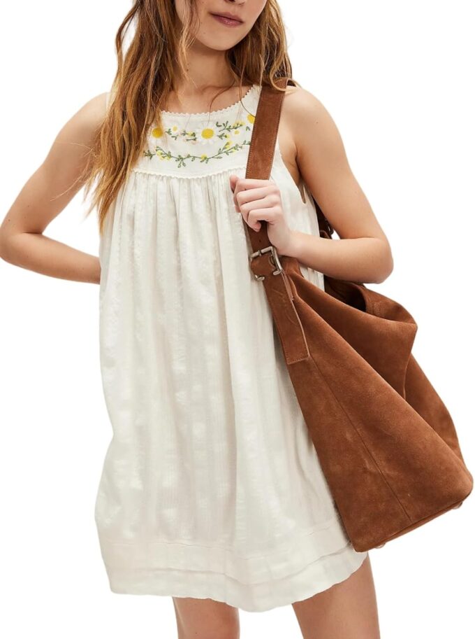 Women Boho Sundress Summer Casual Mini Dress Shift Tank Crew Neck Floral Sun Embroidered Flowy Vacation Dress