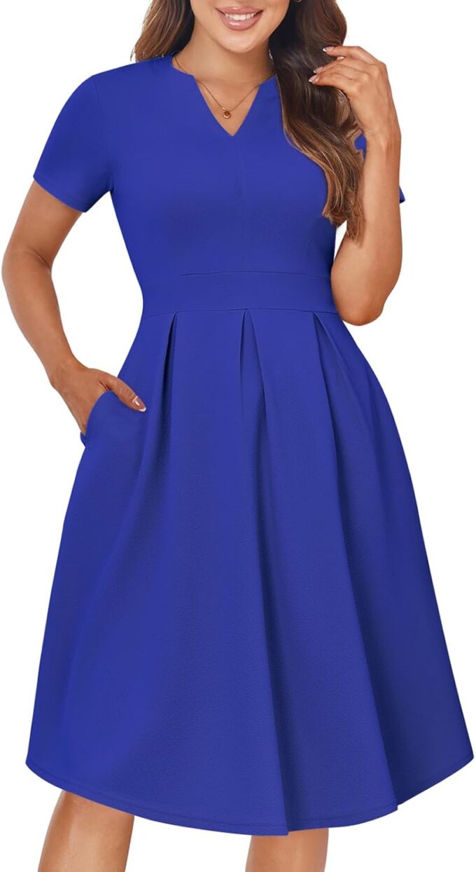YATHON Womens Elegant Print Notched Neck Slant Pocket Pleated Hem Casual A-Line Dress